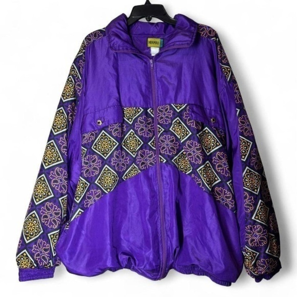Miramax Vintage Purple Geometric Track Jacket Windbreaker 2X 80s 90s Bomber Bold